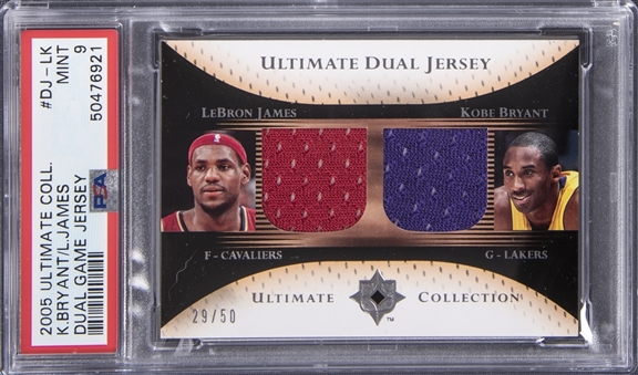2005-06 UD "Ultimate Collection" Ultimate Dual Jersey #DJ-LK LeBron James/Kobe Bryant Game Used Jersey Card (#29/50) - PSA MINT 9